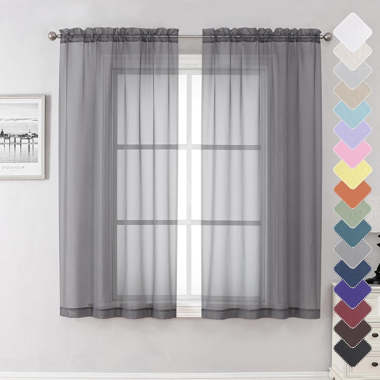 Elegant 63 Grey Sheer Curtains by Lecloud: Light Filtering Voile Drapes