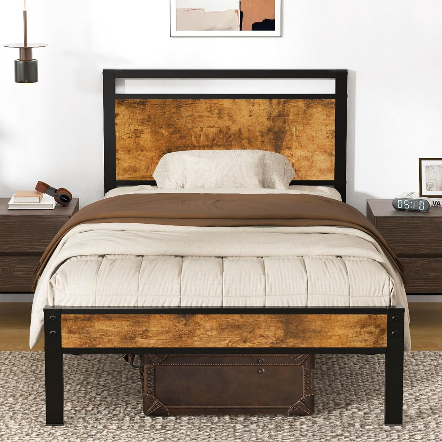 Z-hom Upgraded Twin Bed Frame with Modern Wood Headboard Design