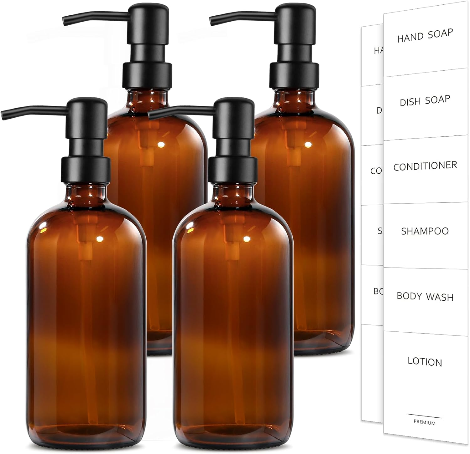 Amber Glass Soap Dispenser Set with Stainless Steel Pump - 4 Pack