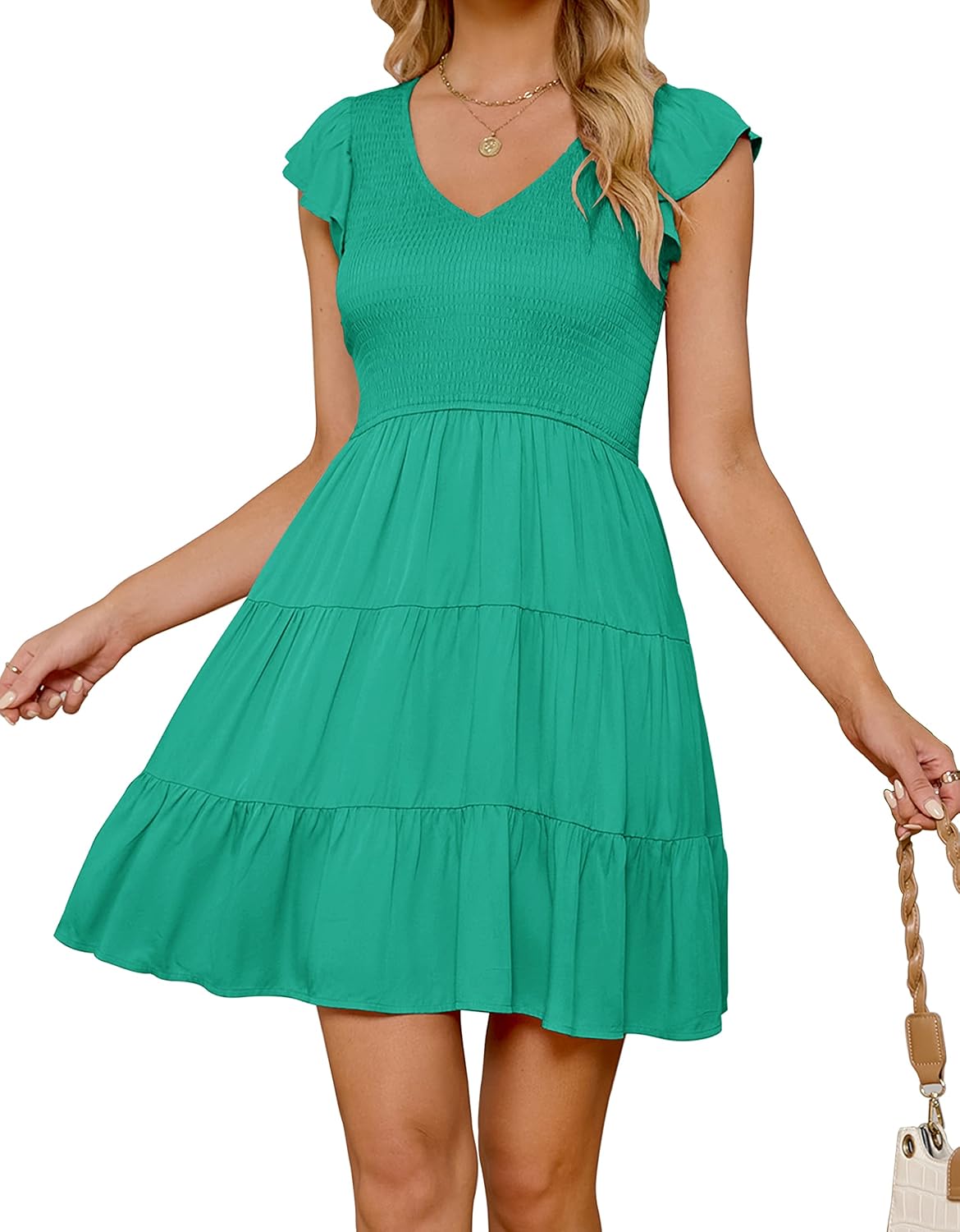 ZESICA Women's Summer Casual V Neck Flutter Sleeve Mini Dress