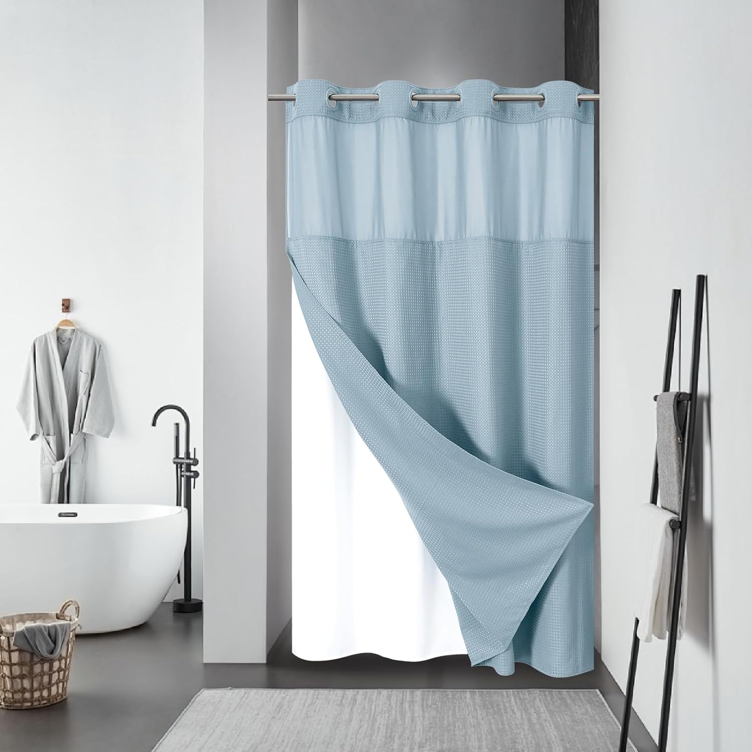 Teal No Hook Waffle Weave Shower Curtain for Stylish Bathrooms