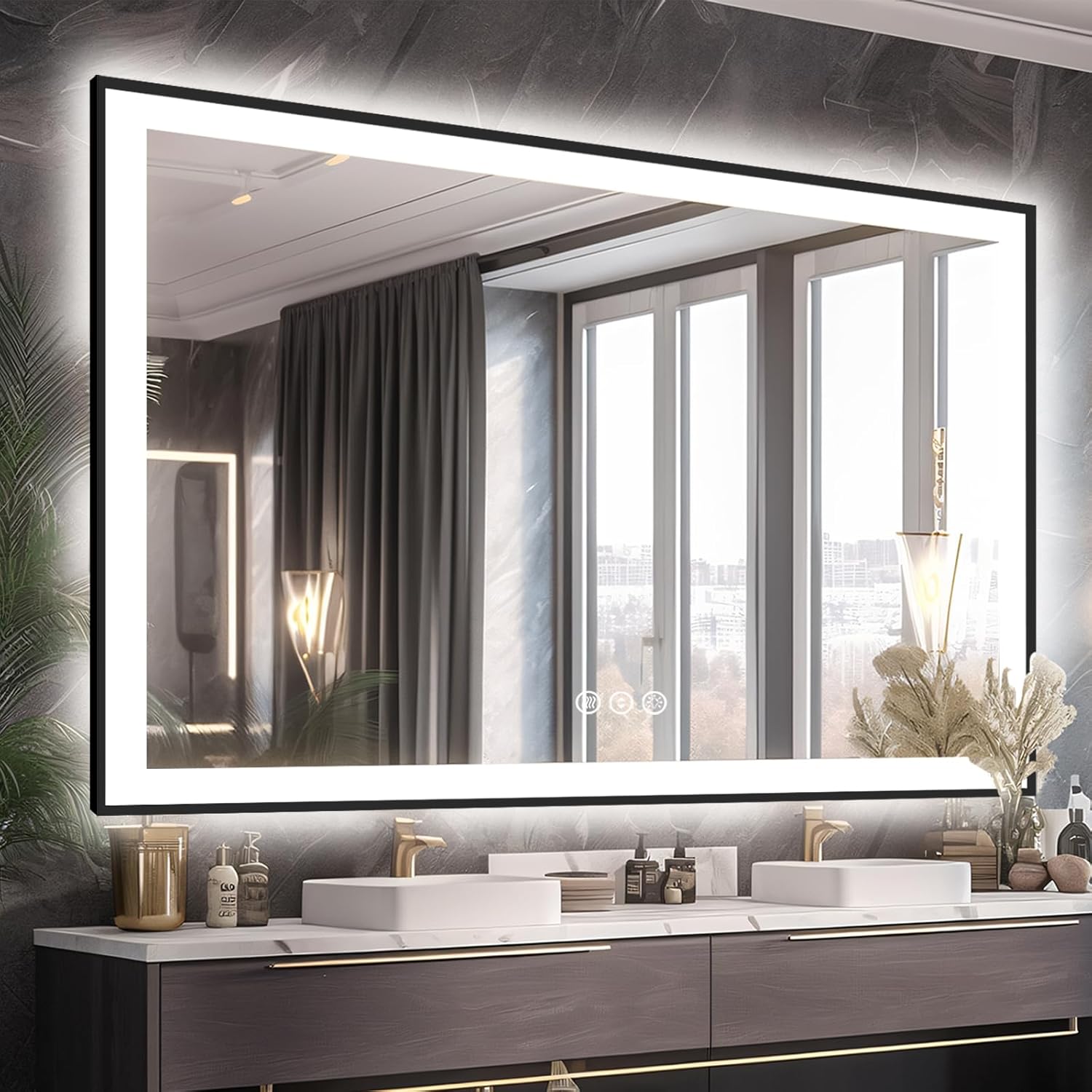 60x40 LED Mirror for Bathroom - Matte Black Framed Luxury Design