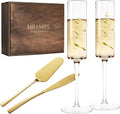 Champagne Flutes and Cake Knife Set for Newlyweds - Gift Ready