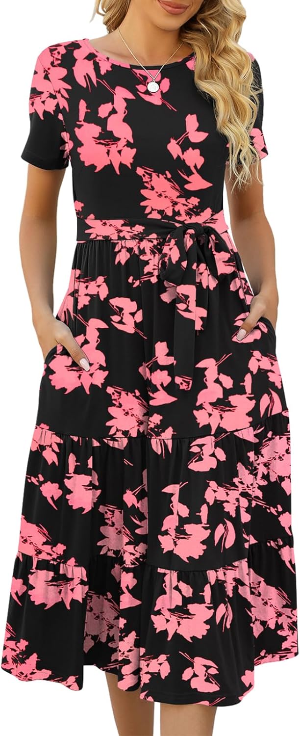 Lyrur Women's Casual Summer Tiered Midi Dress with Pockets