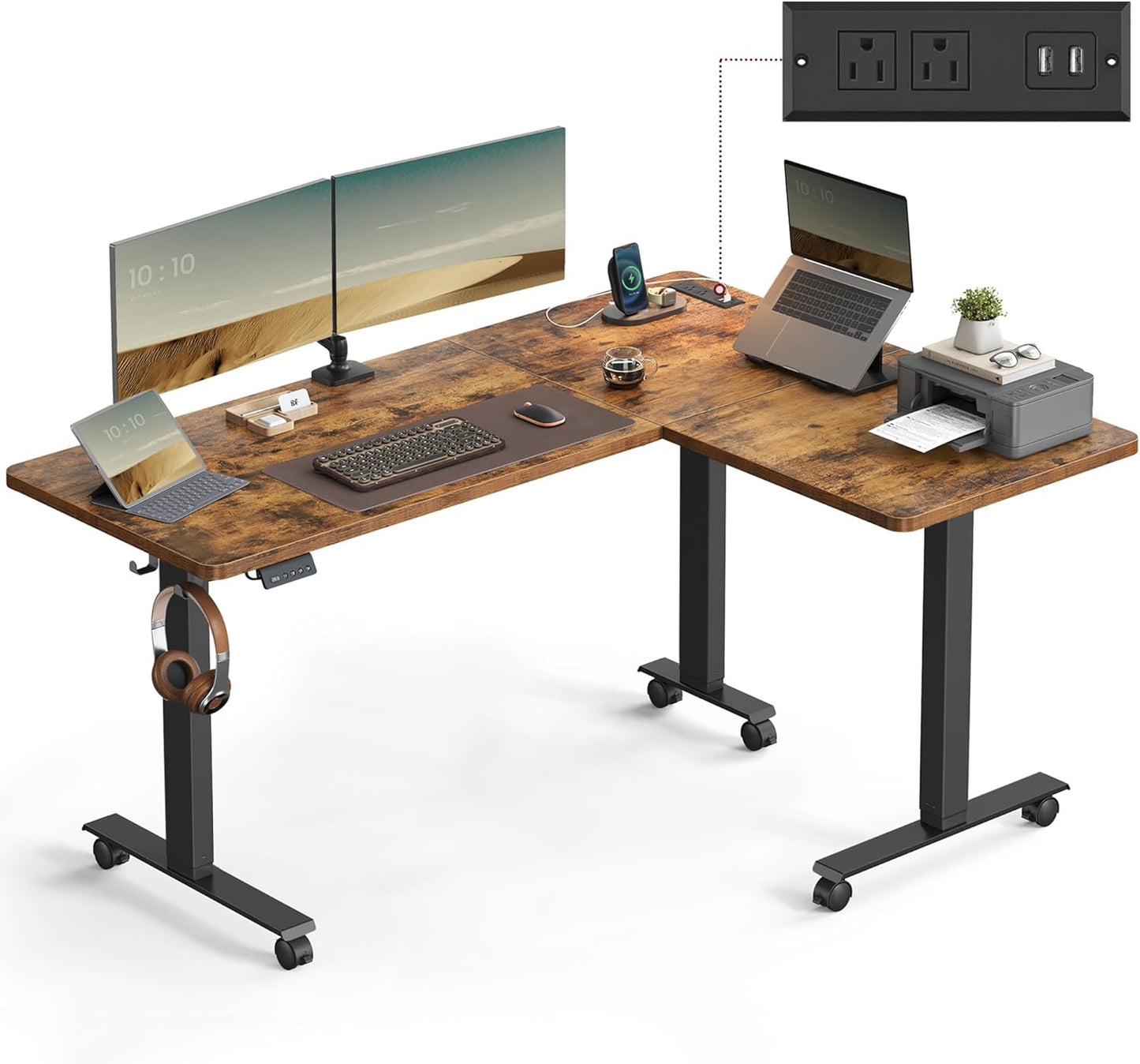 Adjustable L-Shaped Standing Desk w/ Power Outlets - VASAGLE