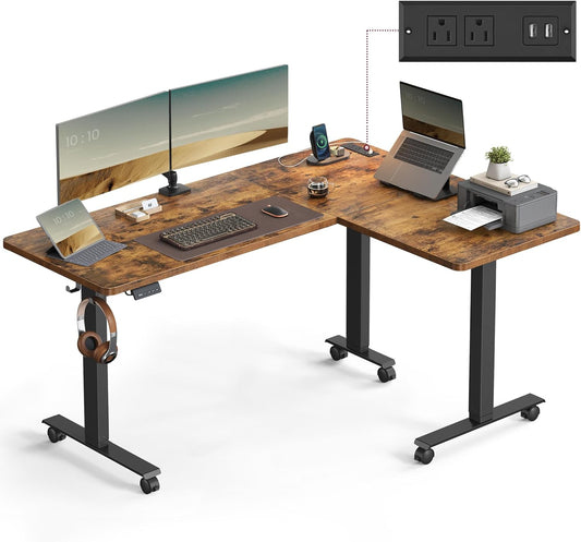 Adjustable L-Shaped Standing Desk w/ Power Outlets - VASAGLE