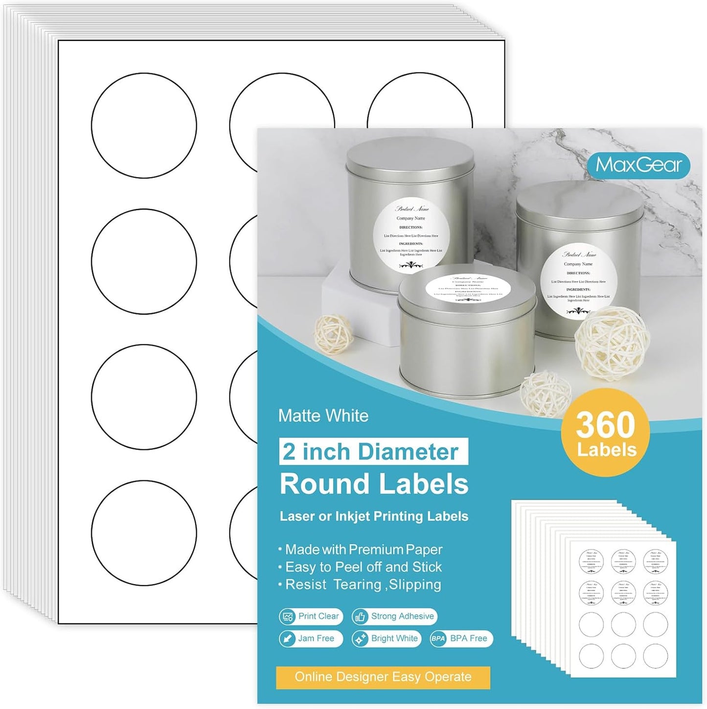 MaxGear White Round Sticker Labels - Quick-Drying, Strong Adhesive