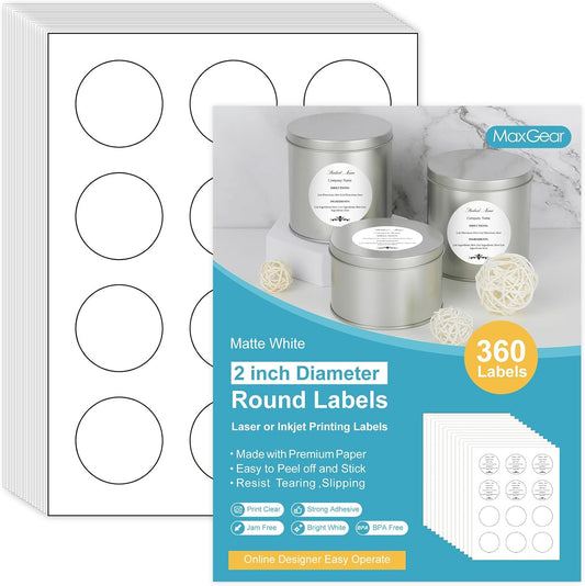 MaxGear White Round Sticker Labels - Quick-Drying, Strong Adhesive