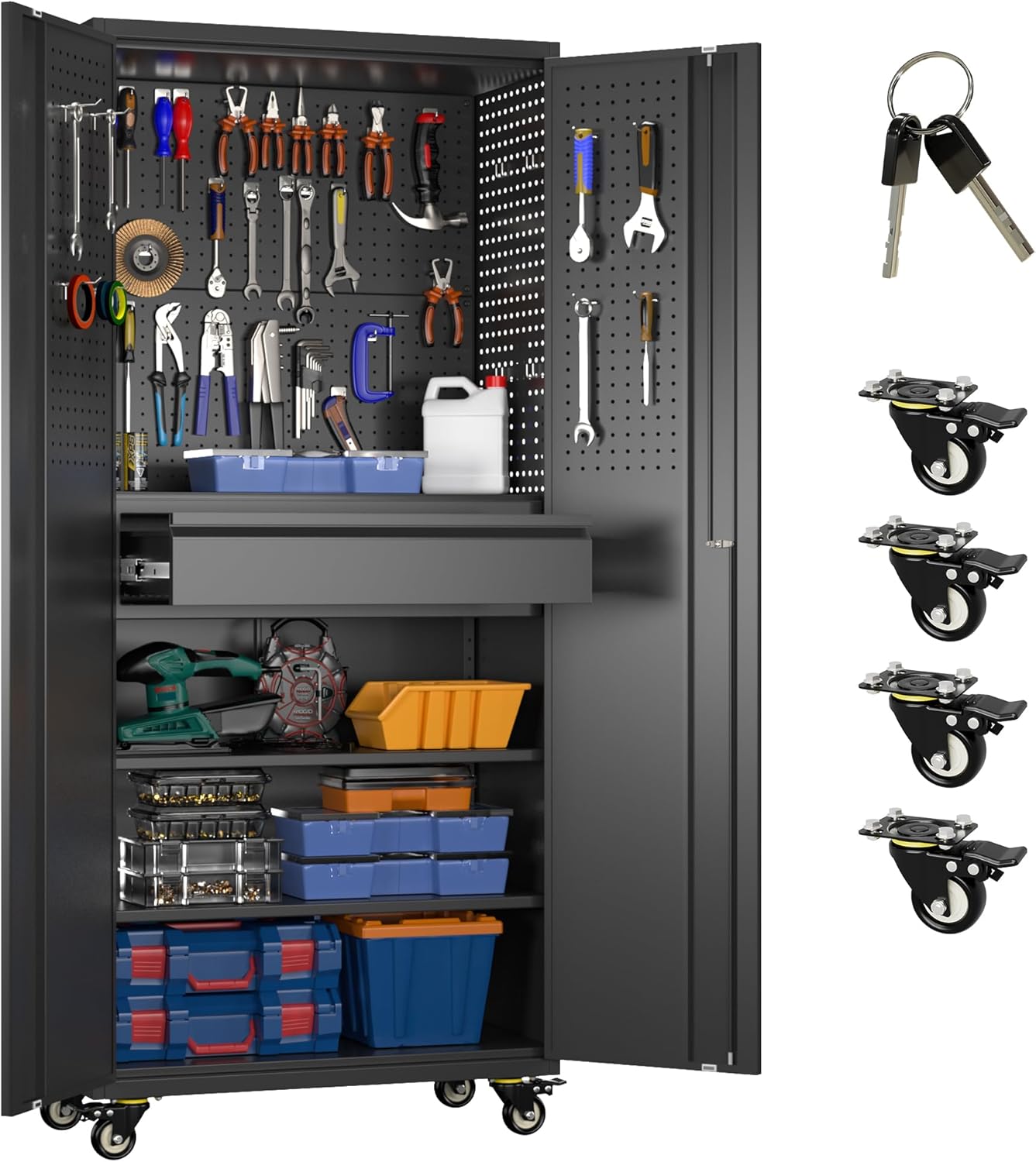 71in Metal Garage Storage Cabinet with Wheels and Lockable Doors