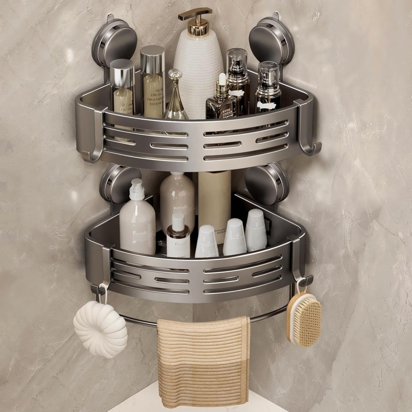 VOLPONE Corner Shower Caddy with Suction Cup and Hooks for Storage