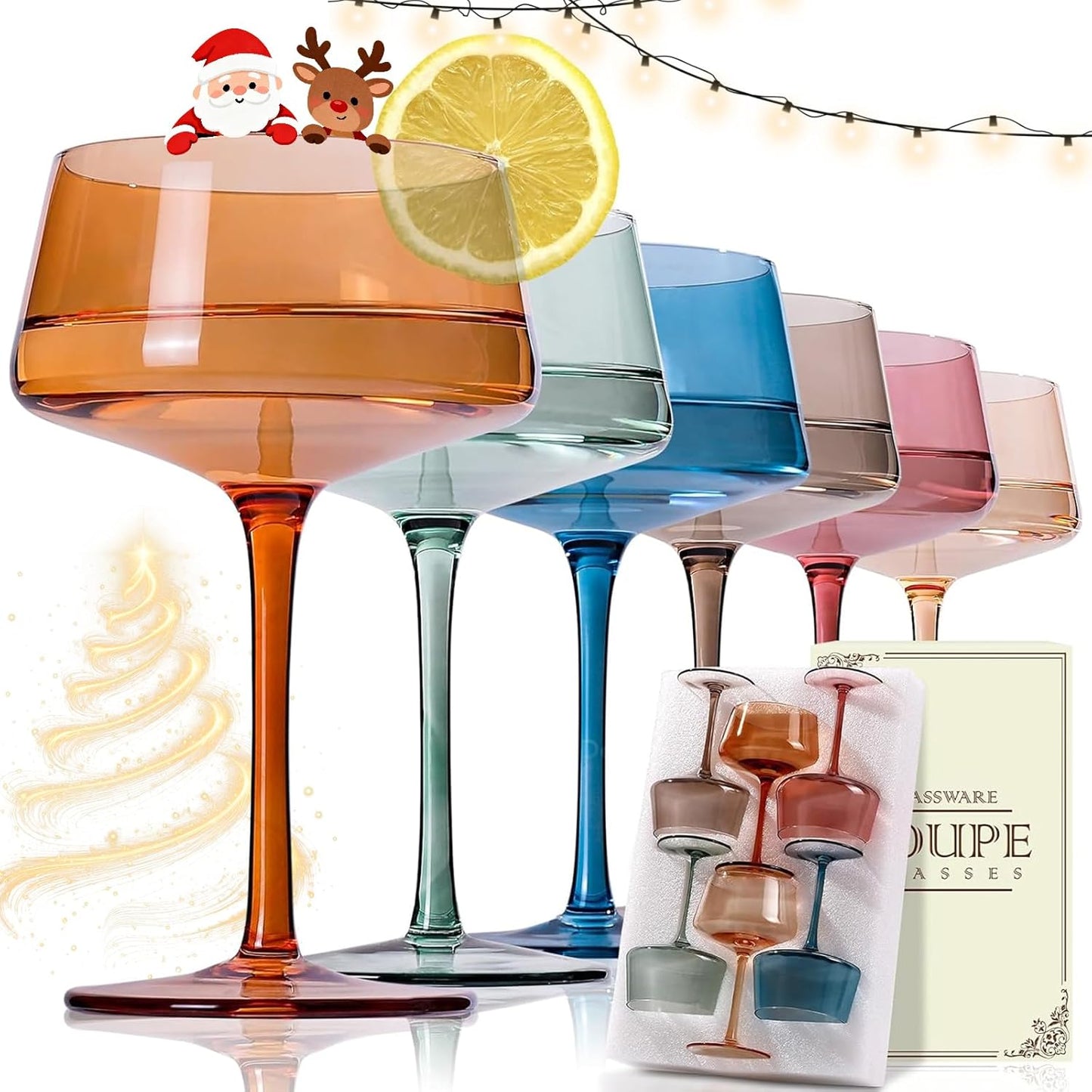 Vibrant Colored Coupe Glasses Set of 6 for Cocktails and More