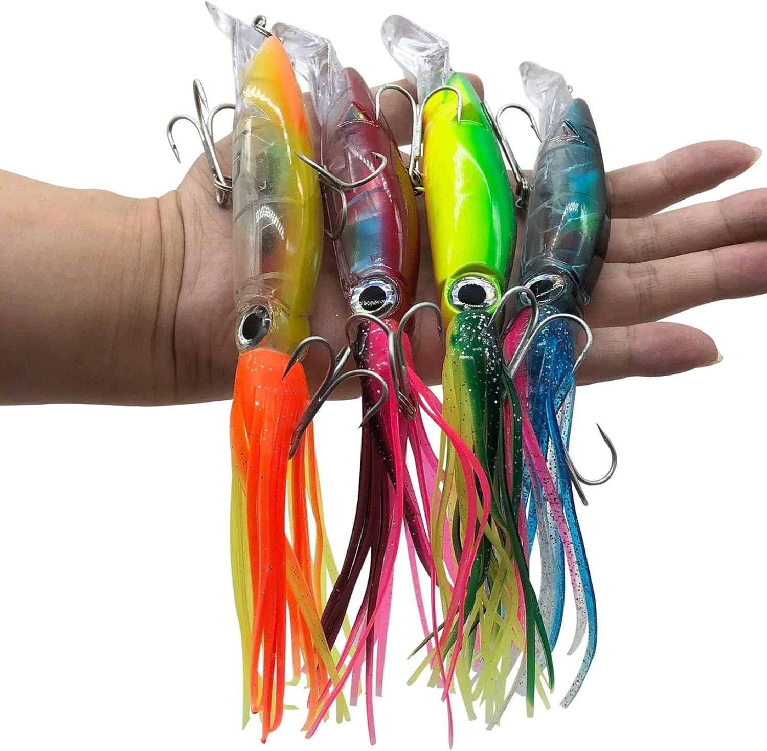 Damidel 4Pcs Large Squid Fishing Lures - 3D Holographic Eyes, Heavy Duty Tempting Bait
