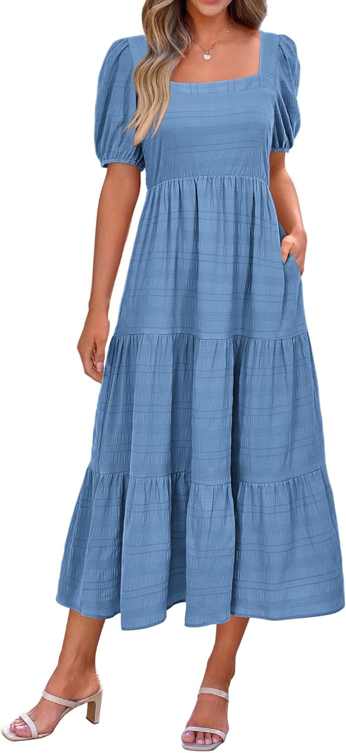 PRETTYGARDEN Women's Summer Dresses 2025 Puff Sleeve Midi Dress
