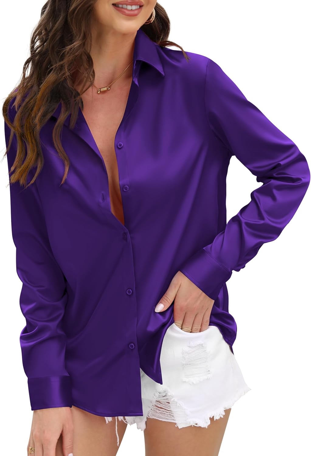 CUNLIN Womens Soft Satin Silk Leopard Button Down Shirts