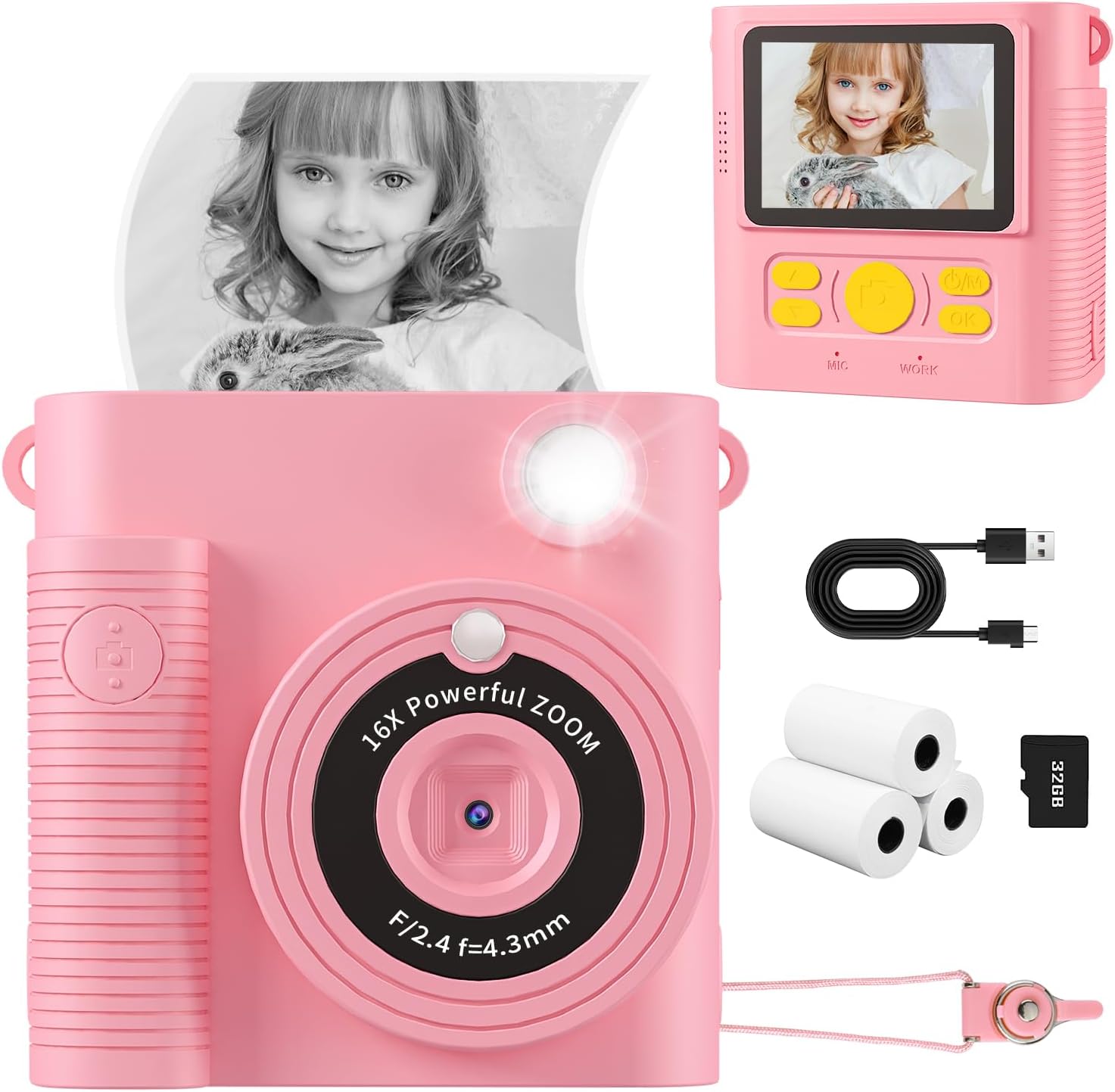 Instant Print HD Kids Camera + 32G SD Card - Fun Gift!