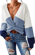 Pink Queen Women's Casual Twist Knot Cropped V Neck Sweater - Cozy hem