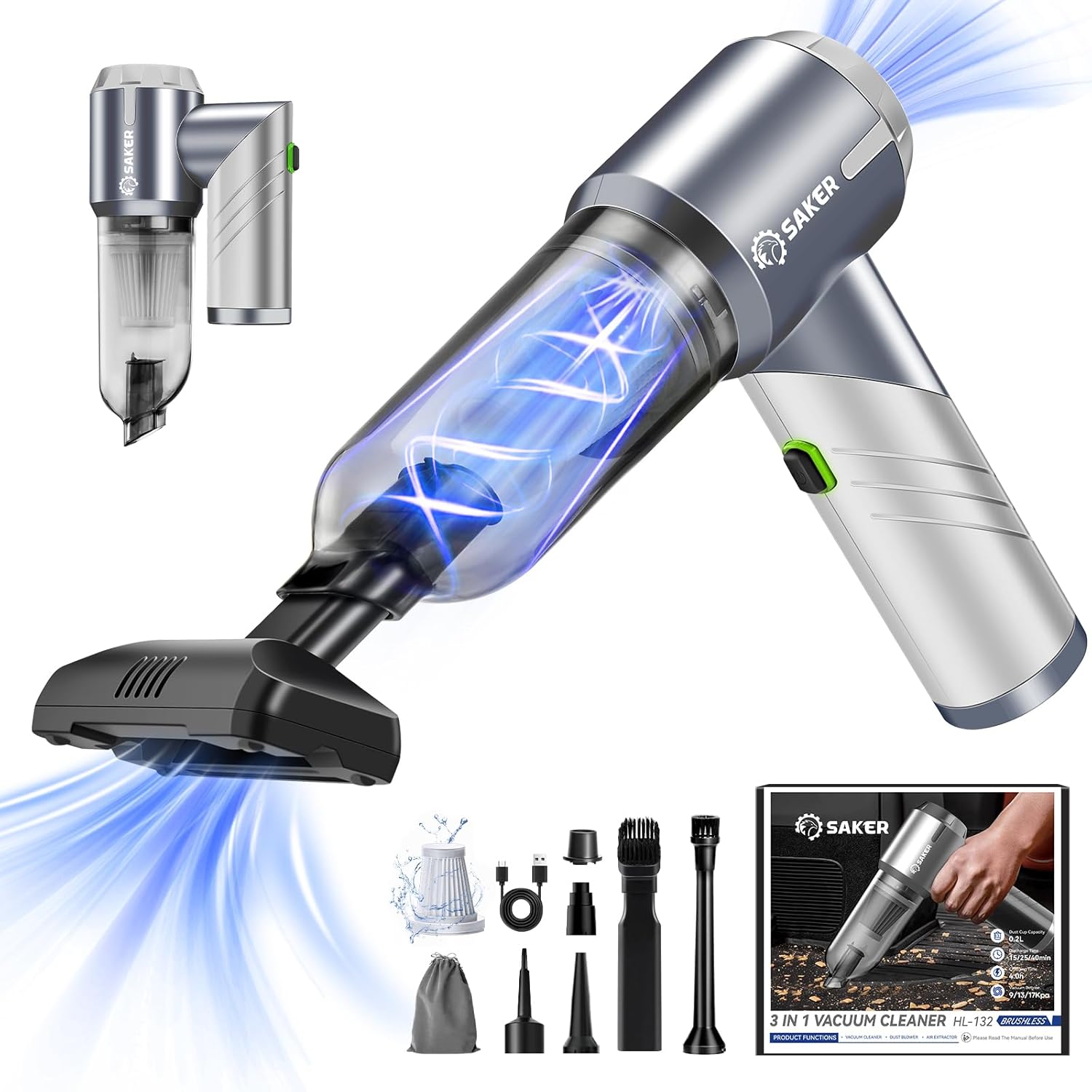 Saker 17000PA Foldable Car Vacuum: Cordless Cleaning Power