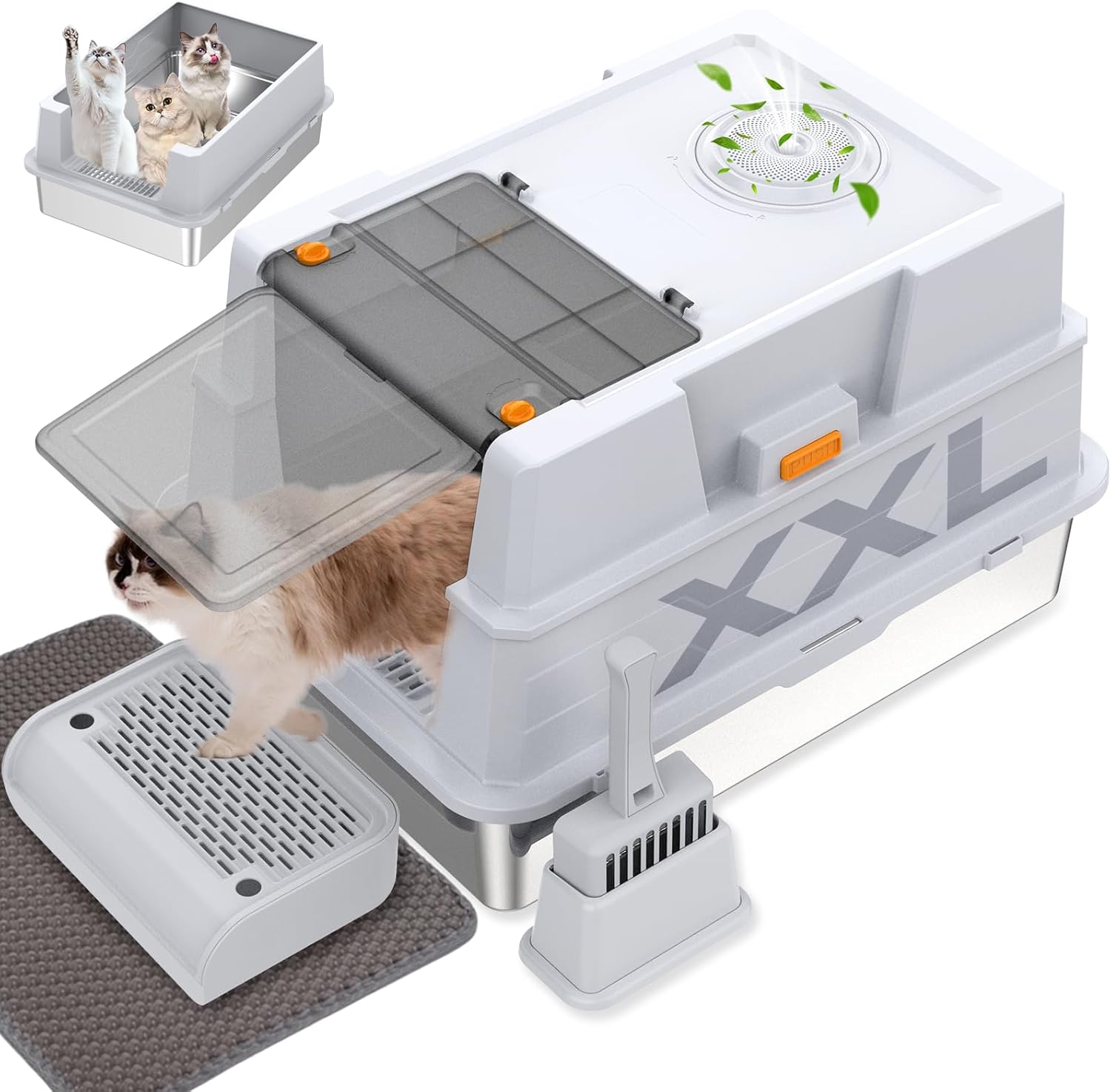 XXL Stainless Steel Litter Box for Big Cats with Lid & Scoop
