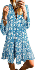 Womens Summer Dress V Neck Buttoned 3/4 Sleeve Bohemian Mini - Flowy