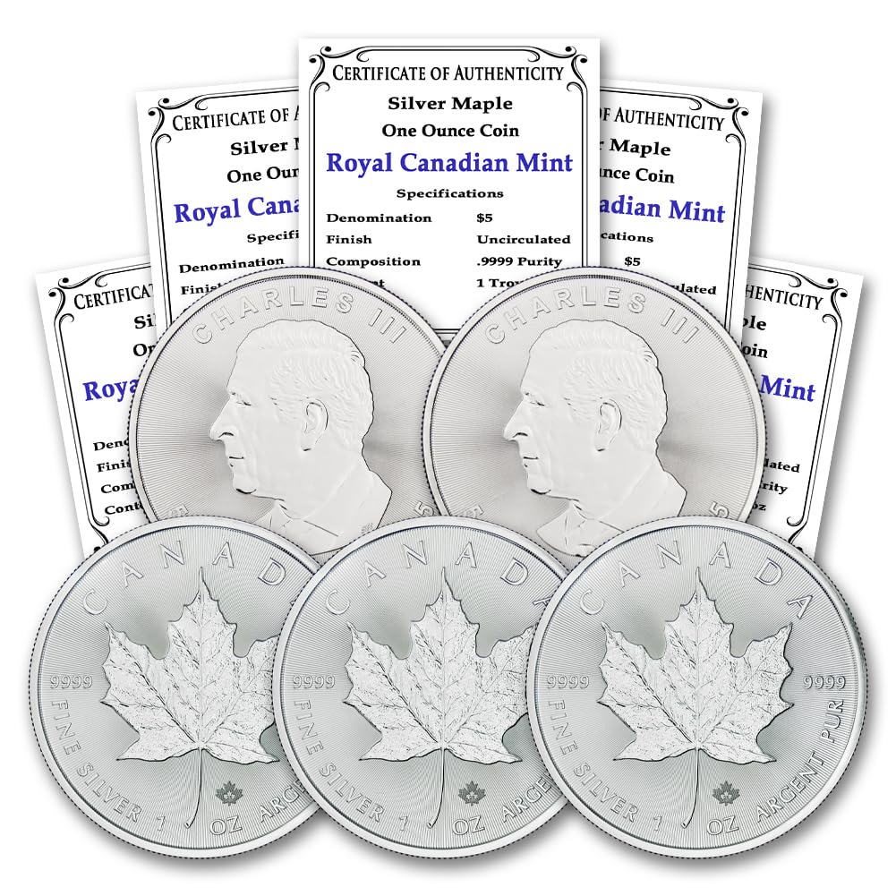 2025 Lot of 5 1 oz Canadian Maple Leaf Silver Coins Uncirculated