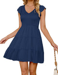 ZESICA V Neck Flutter Sleeve Bohemian Ruffle Smocked A Line Mini Dress