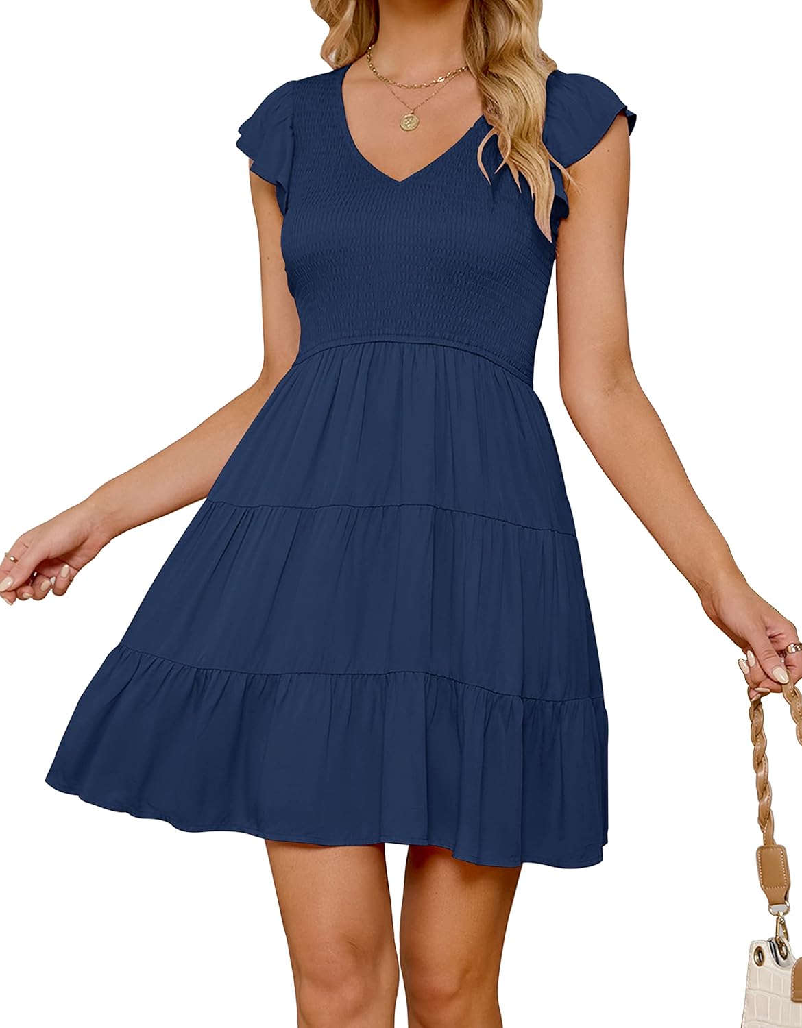ZESICA Women's Summer Casual V Neck Flutter Sleeve Mini Dress