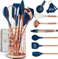 Copper and Blue Silicone Cooking Utensils Set - Stylish 17-Piece
