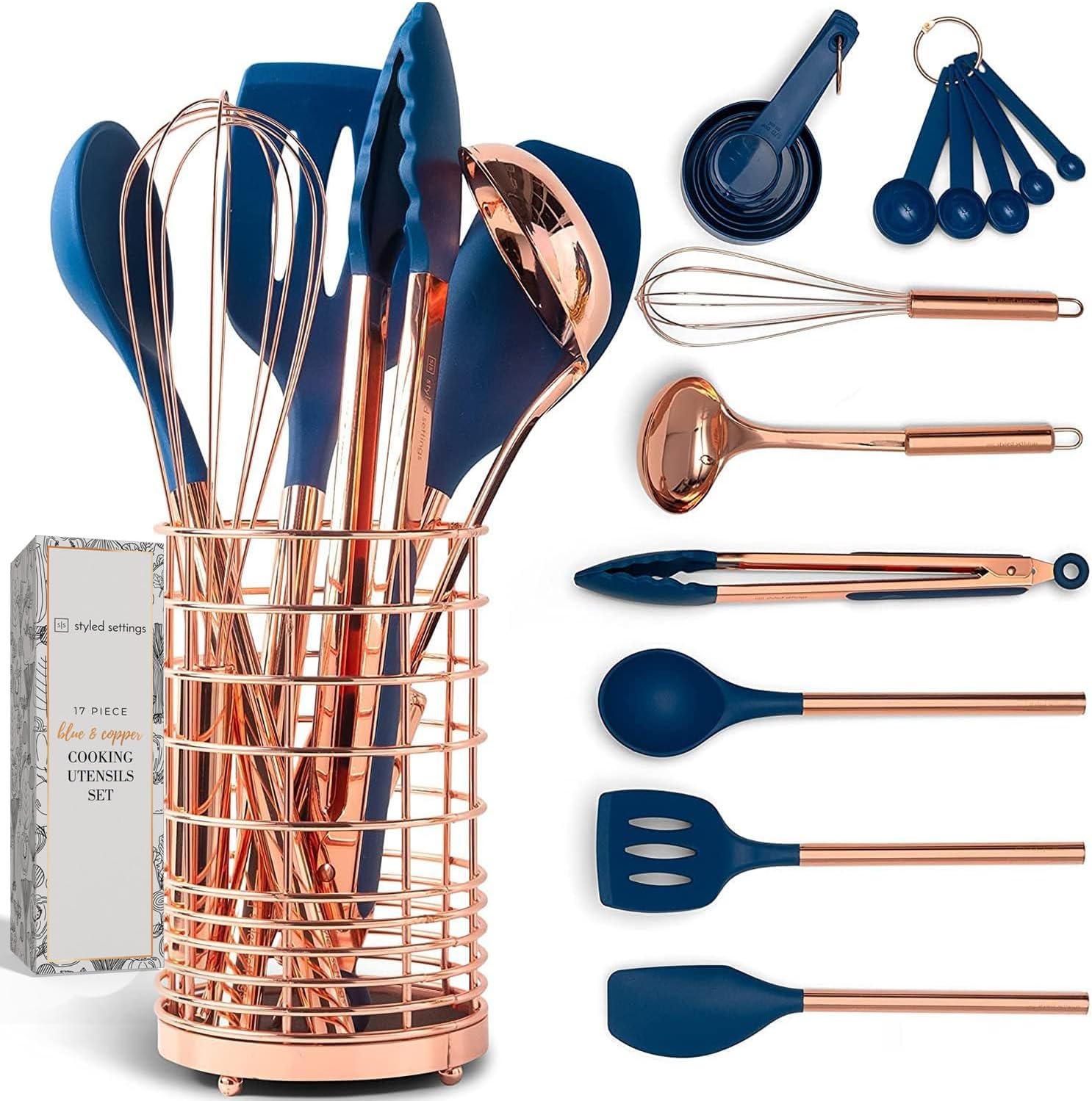 Copper and Blue Silicone Cooking Utensils Set - 17-Piece Set