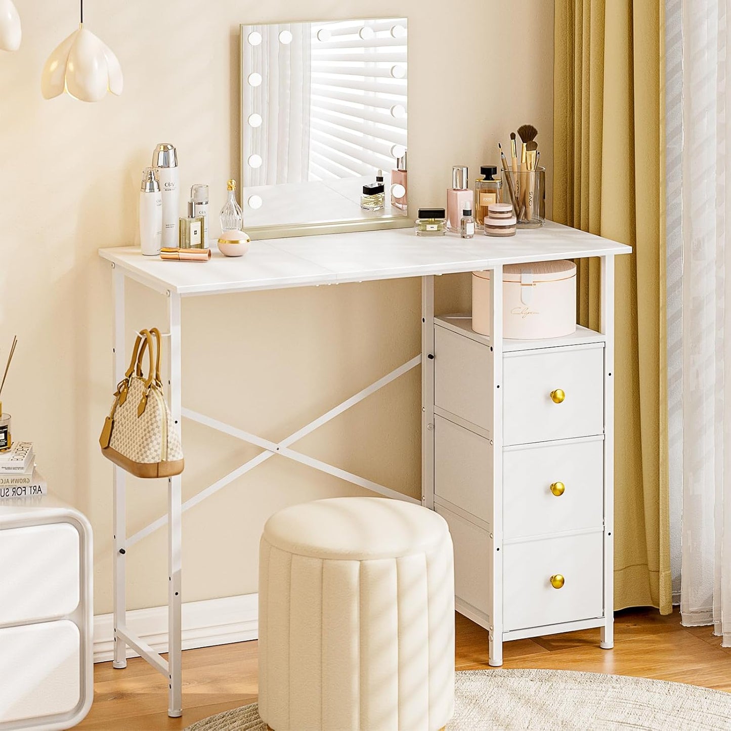 Compact White Vanity Desk with 3 Drawers - Space-saving Makeup Table