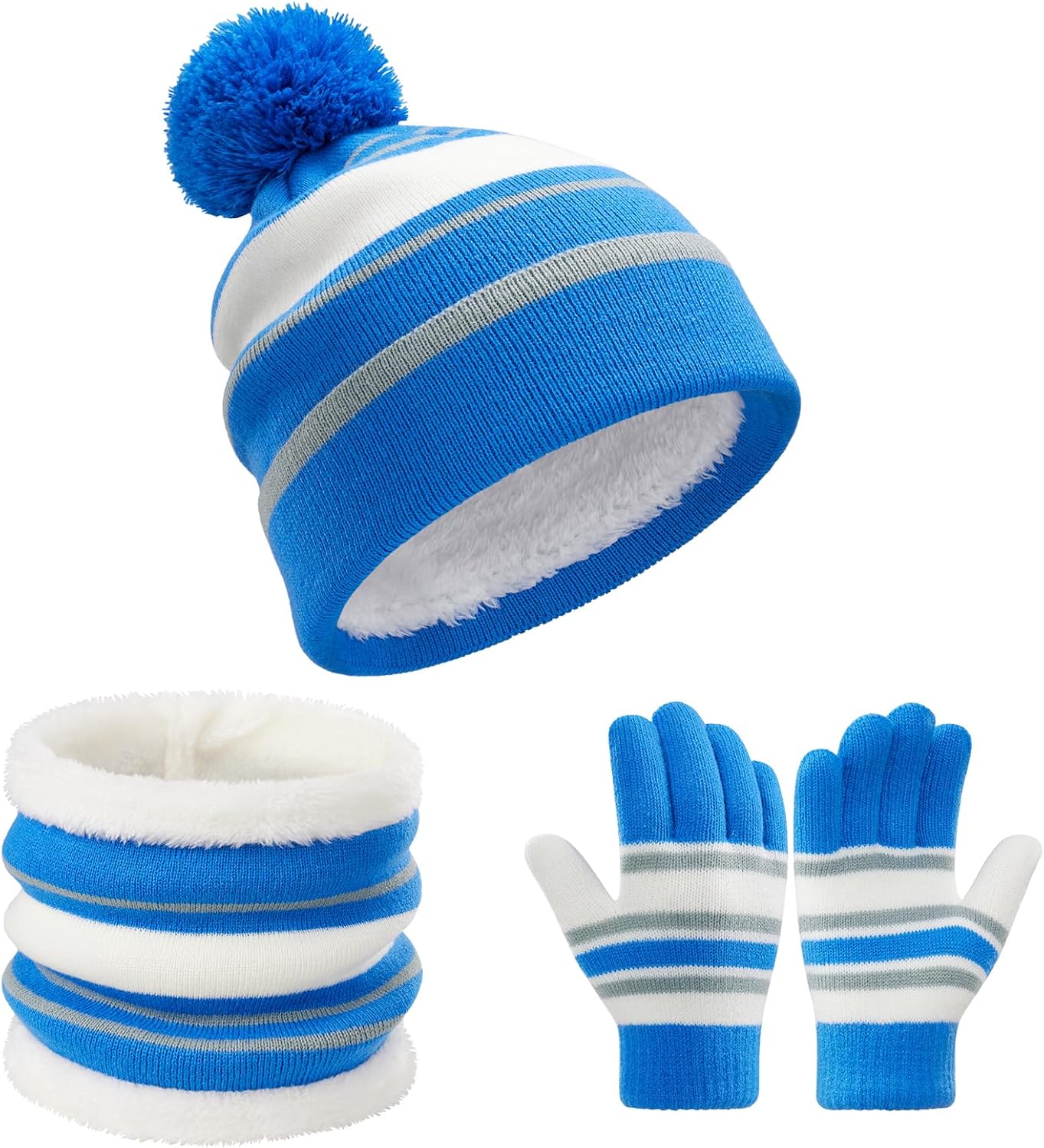 Kids Winter Knit Hat Gloves Scarf Set with Fleece Lining