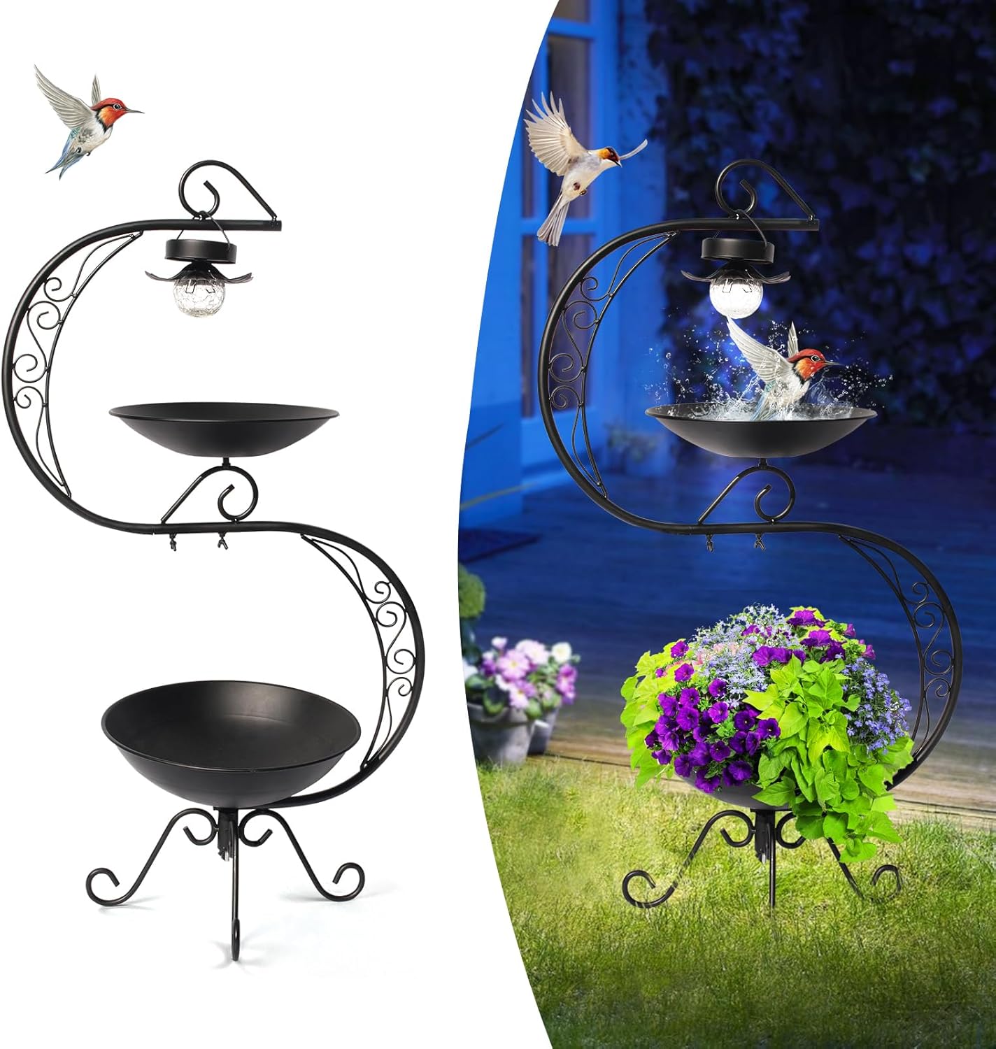 Solar Bird Bath with Lights and Planter for Outdoor Decor