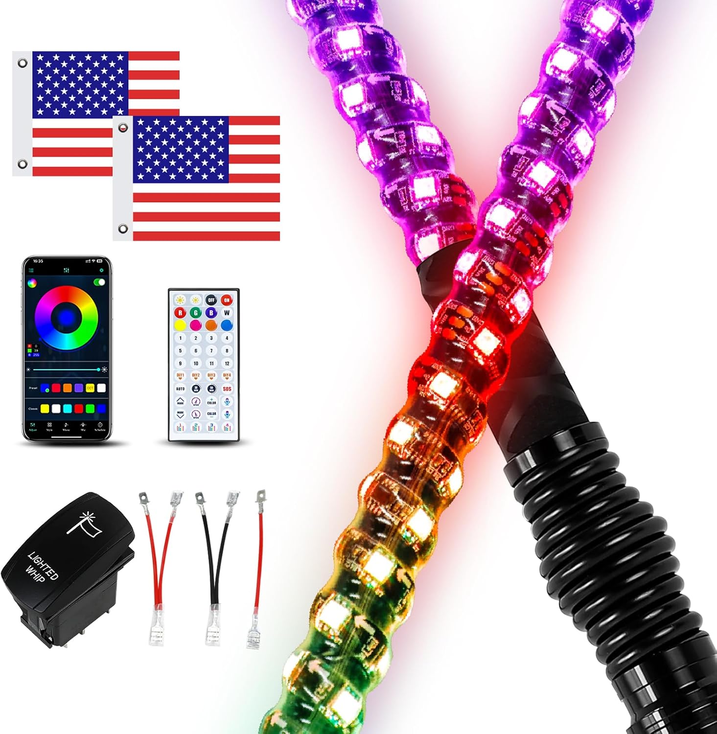 2 Pack 4FT Whip Lights with App Control for UTV and ATV