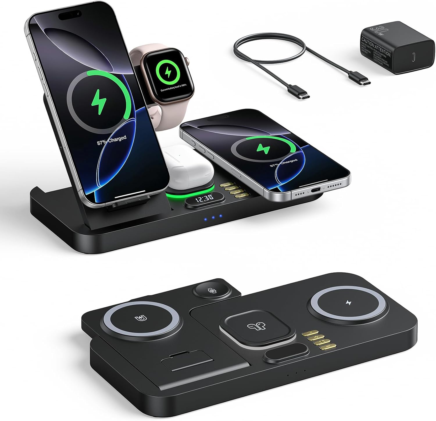 Foldable Magnetic Charging Station for Apple Devices with Clock