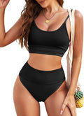 High Waisted Color Block Bikini Set - Flattering High Cut (Style XW1K)