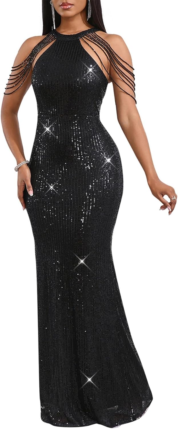 Cololura Women Sexy Elegant Sequin Tassel Off Shoulder Dress