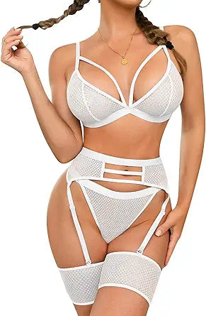 Popiv Women's Fishnet Lingerie Set with Garter Belt for Seduction