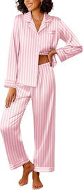 Silk Satin Pajama Set Women Long Sleeve Button Down Stripe PJs - Soft
