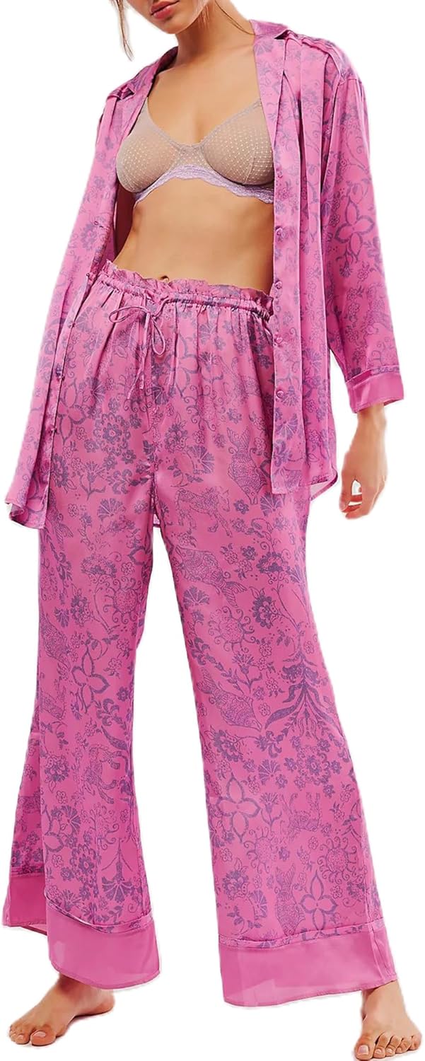 Women Satin Pajama Set Floral Silk Pajamas for Cozy Comfort