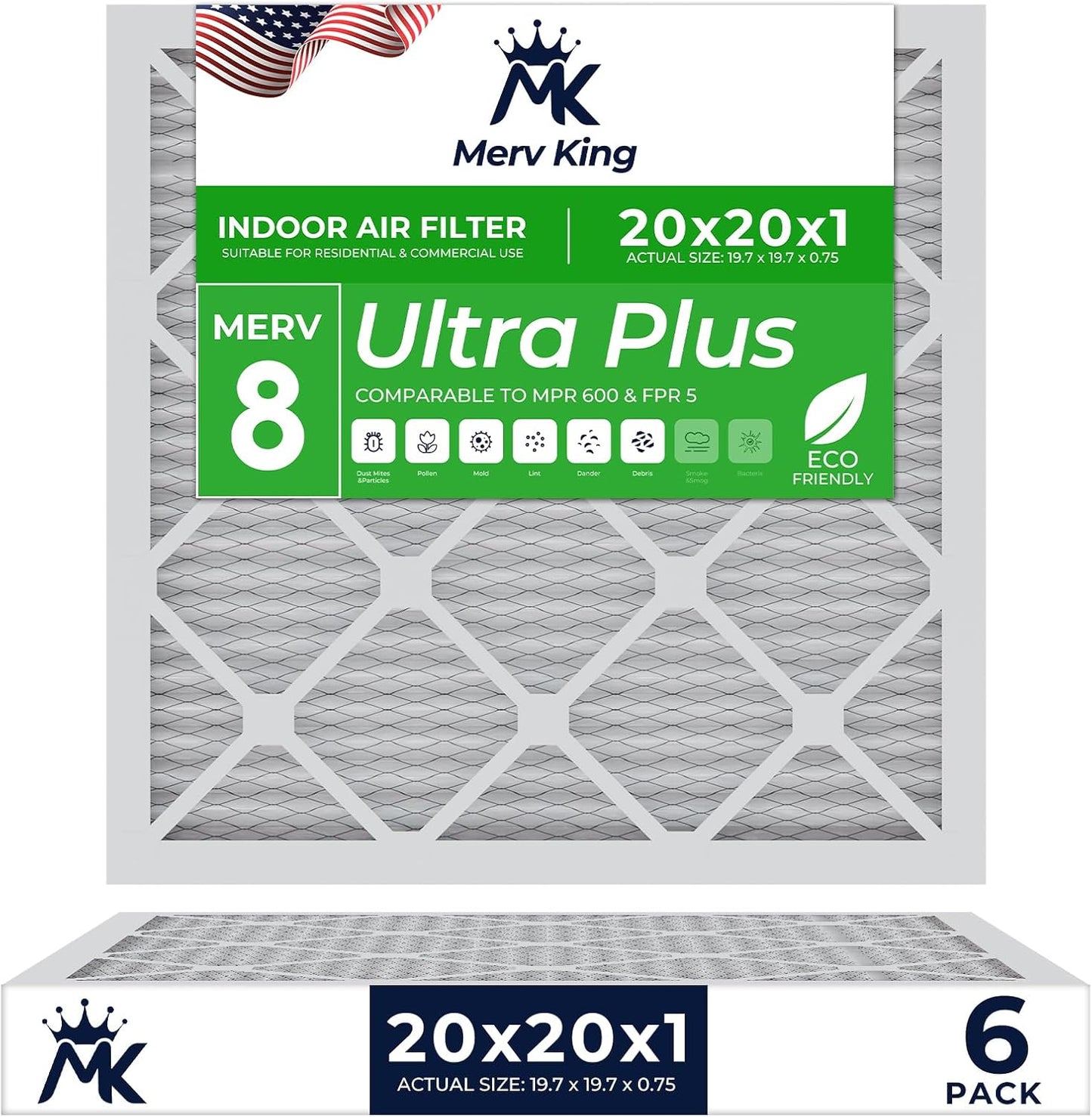 MervKing 20x20x1 Air Filter MERV 8 for Clean Indoor Air