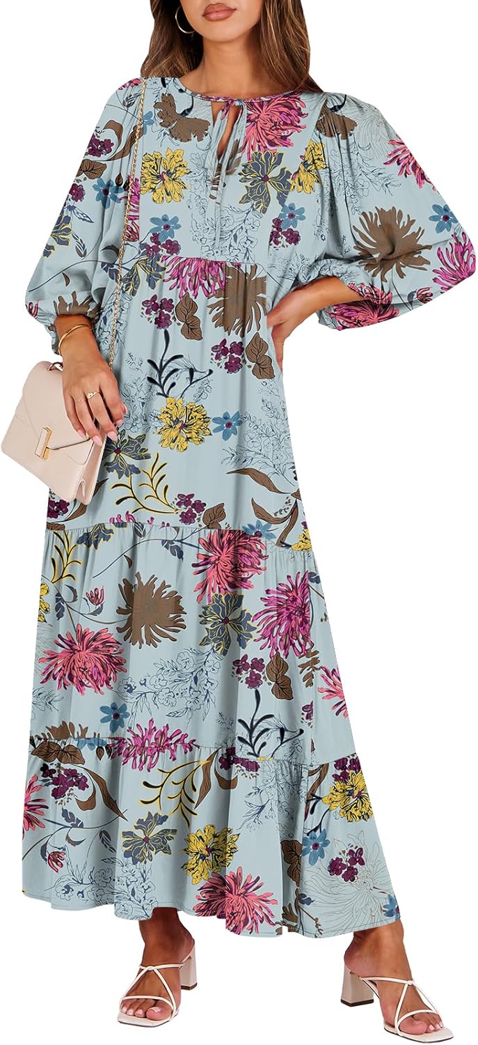 Boho Maxi Dresses for Women - Floral V Neck Puff Sleeve Style