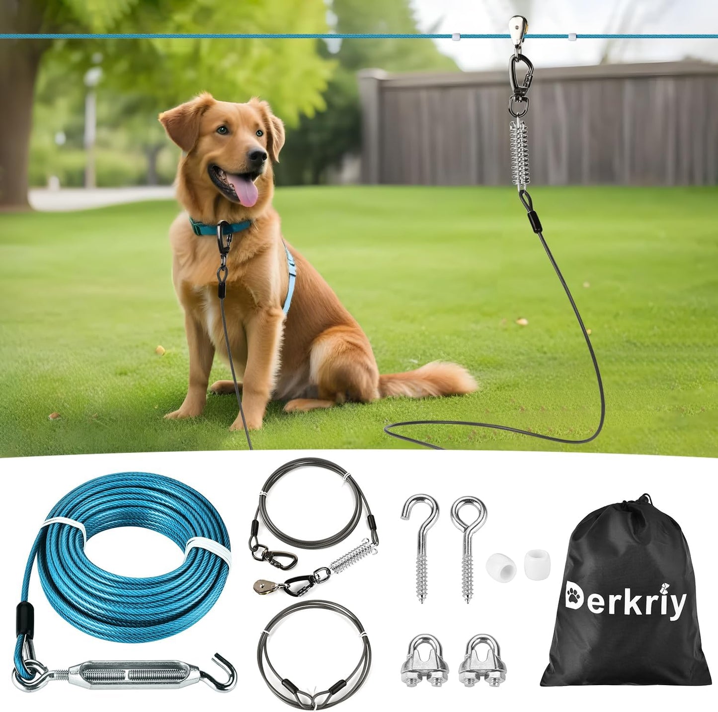 Heavy Duty 75FT Dog Runner for Yard with Chew Proof Cable