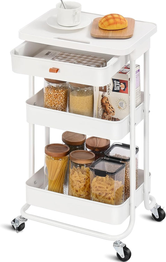 TOOLF 3 Tier Rolling Utility Cart with Drawer & Table Top
