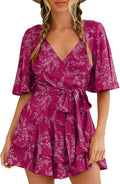 Floral V Neck Summer Romper for Women - Flattering Waist Tie