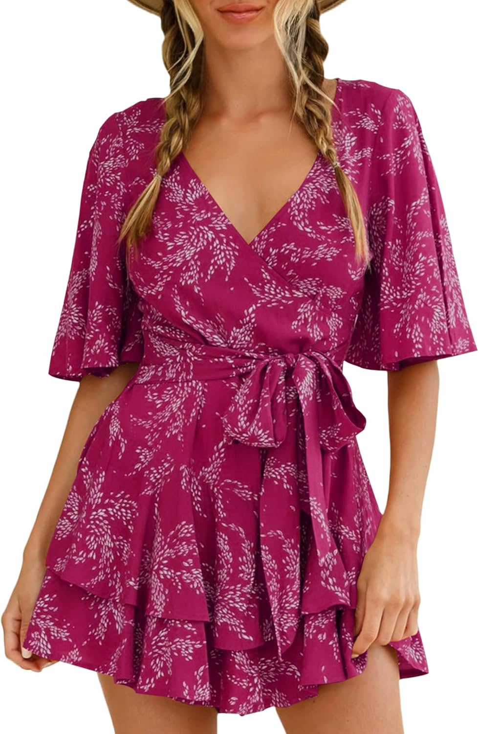 Floral V Neck Summer Romper for Women with Waist Tie Knot