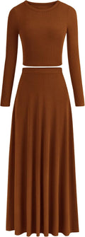 Women Ribbed Knit 2-Piece Skirt Set - Crop Top + Maxi Skirt