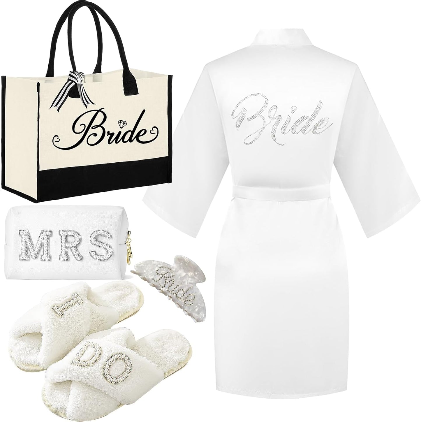 Bride To Be Gift Set - Makeup Bag, Slippers, Robe, Hair Clip