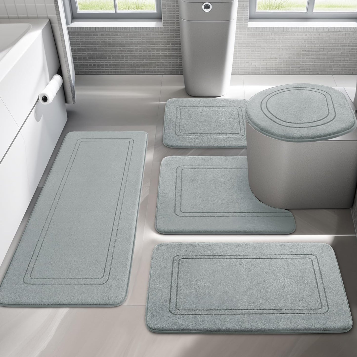 YIHOUSE Light Grey Memory Foam Bathroom Rug Set for Comfort