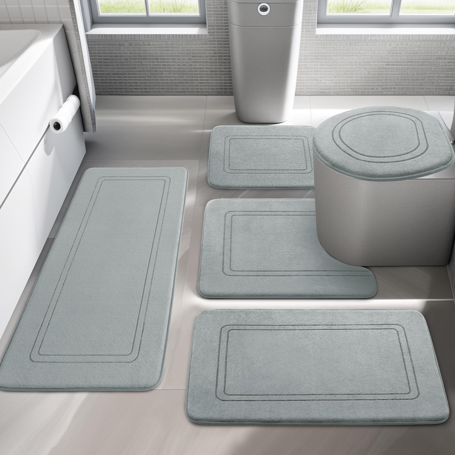 YIHOUSE Light Grey Memory Foam Bathroom Rug Set for Comfort