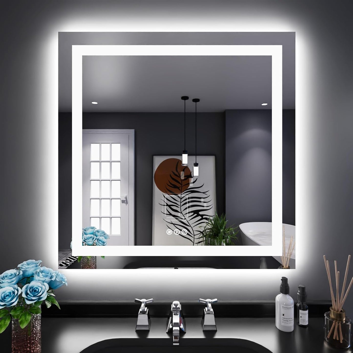 LOAAO 32X32 LED Bathroom Mirror with Anti-Fog and Dimmable Lights