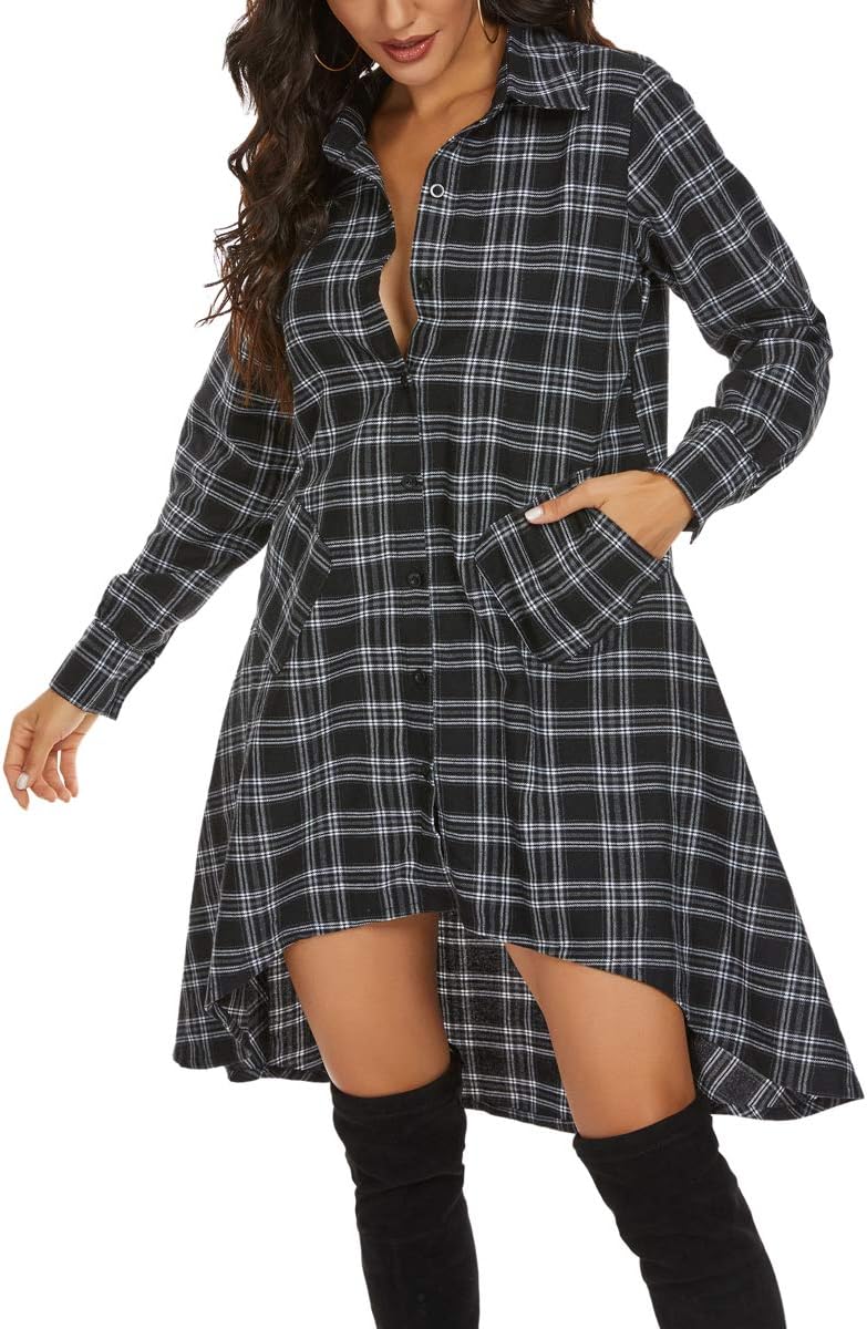 Plaid V Neck Long Sleeve Irregular Hem Casual Shirt Dress